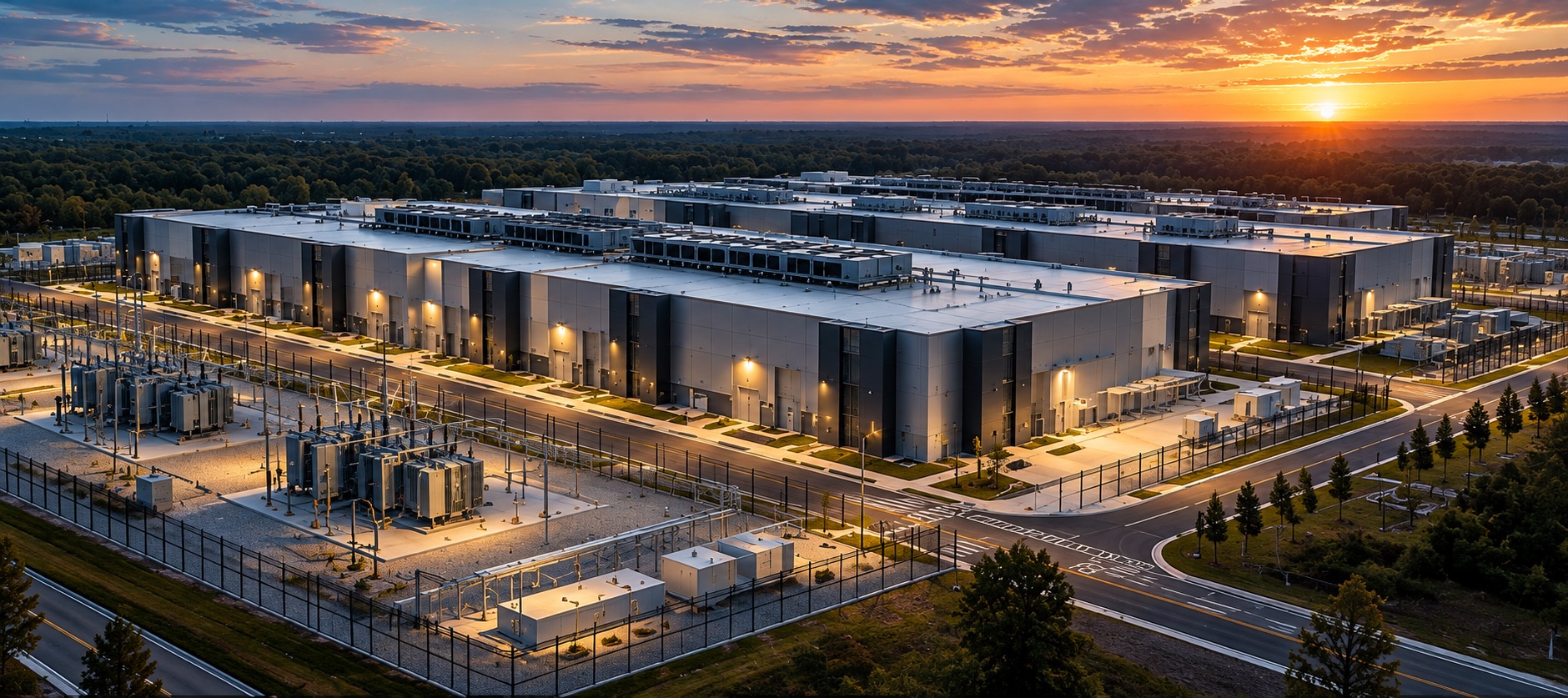 Data center campus at sunset